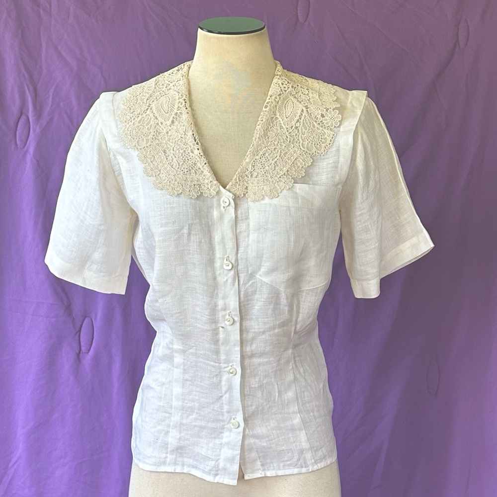Vintage Ralph Lauren Blouse 1980s Ivory Linen Beige Lace 37 Bust M Short Sleeves